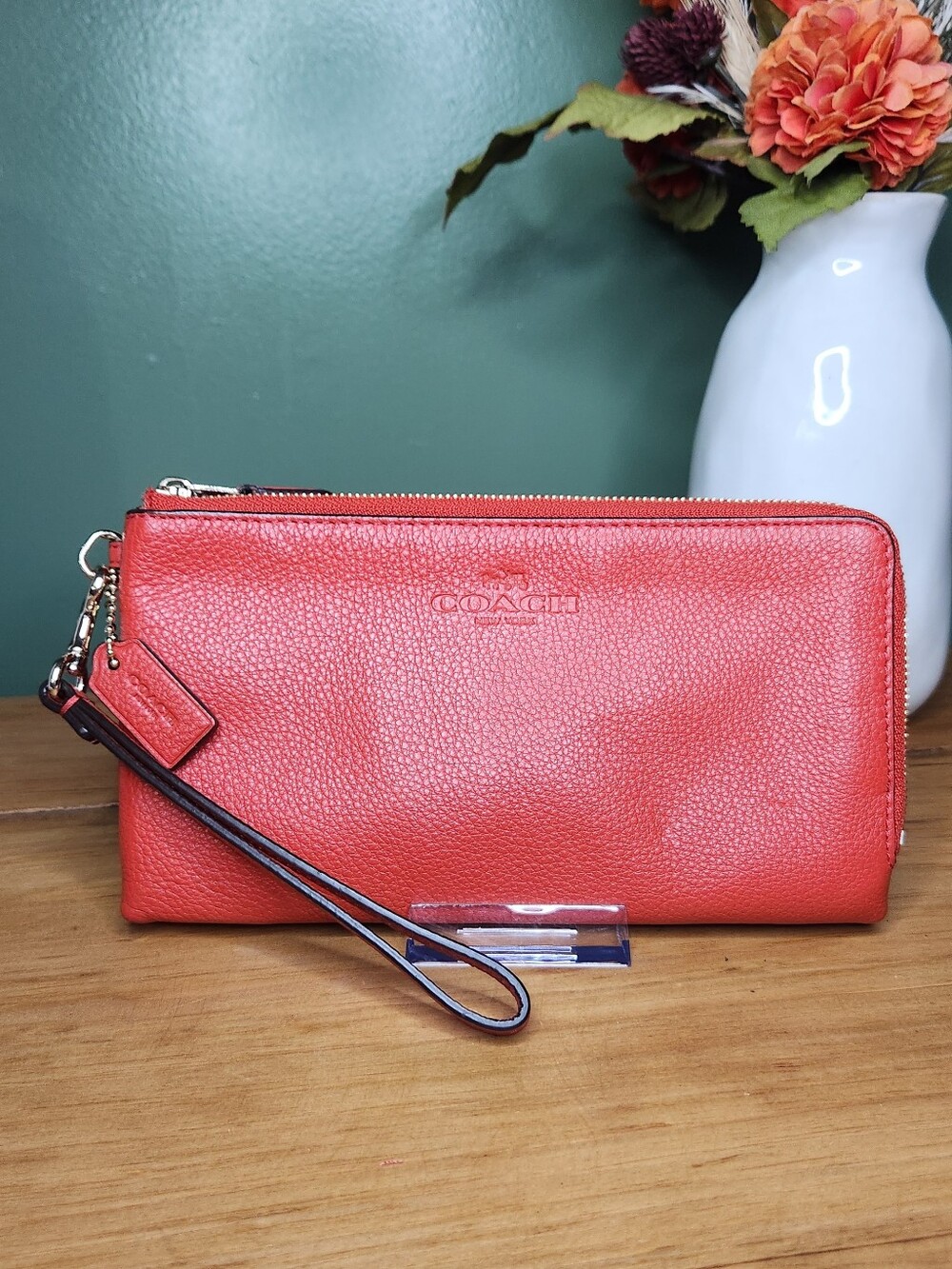 Coach Double Zip Wristlet Red Pebbled Leather EUC